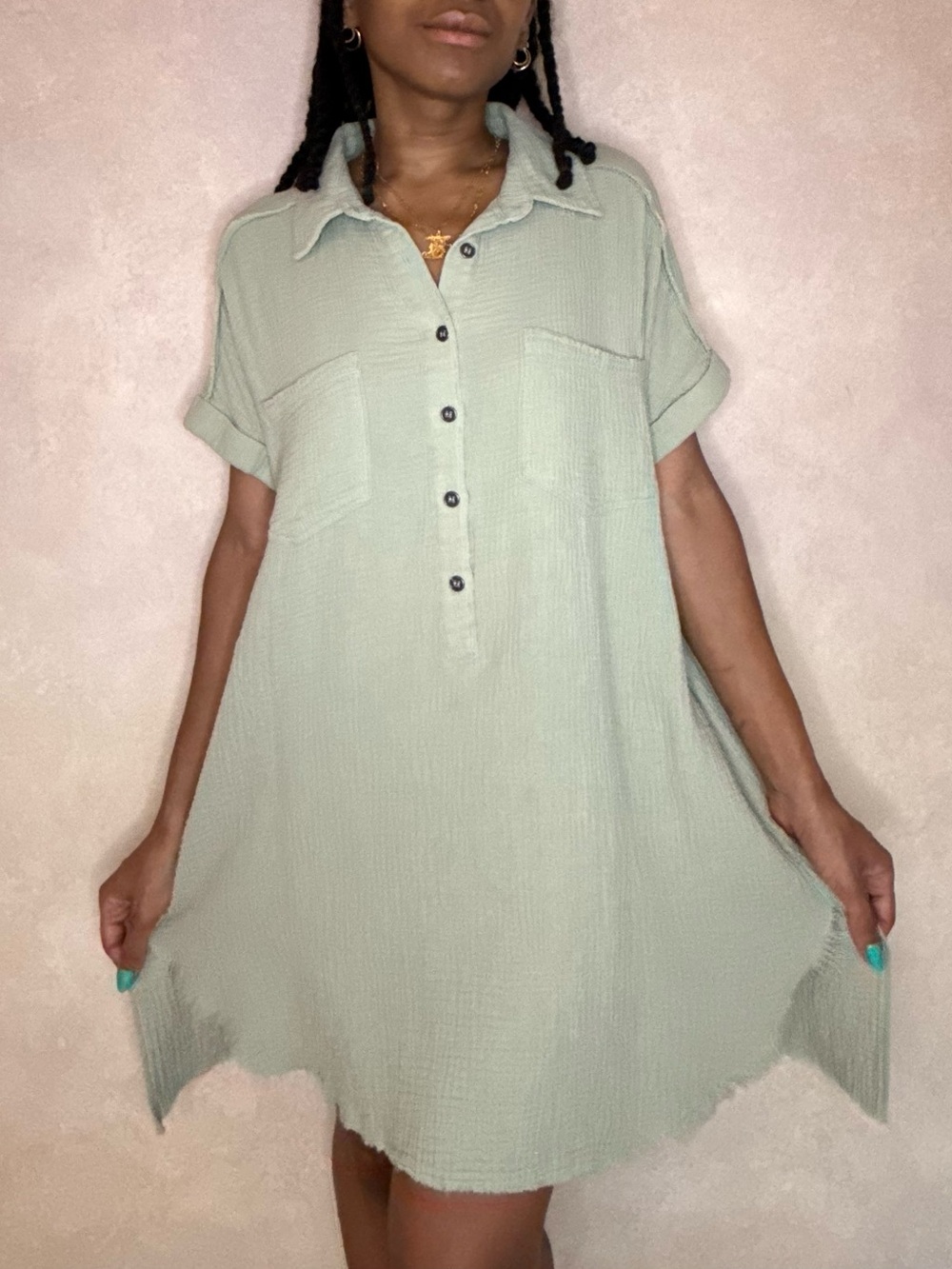Relaxed Collared Tunic Dress in Sage Green